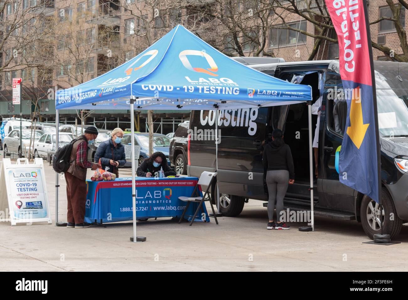 a mobile, outdoor Covid-19 or coronavirus testing site run by LABQ Diagnostics on the sidewalk of west 97th street and Columbus Ave on the UWS of New Stock Photo