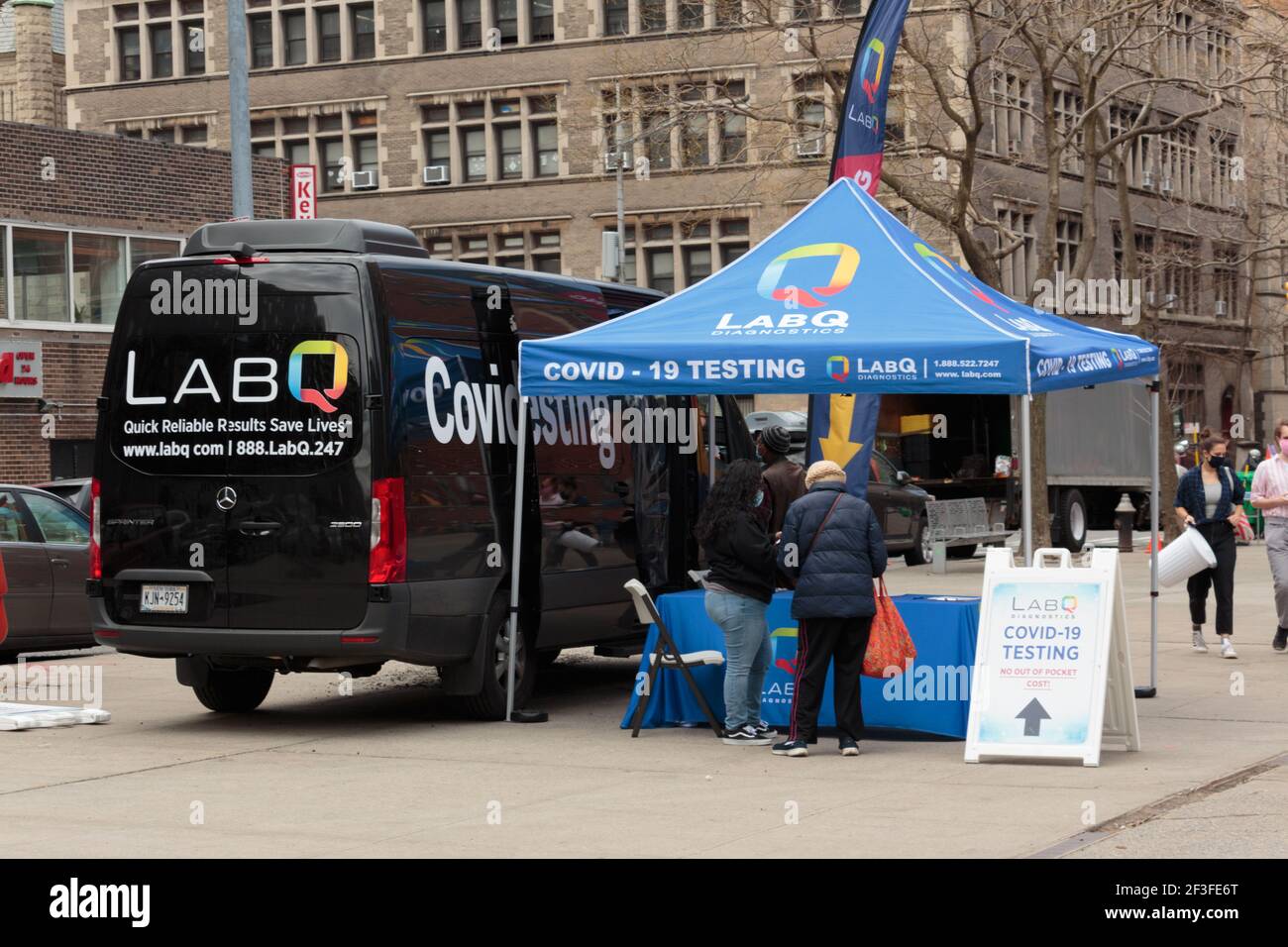 a mobile, outdoor Covid-19 or coronavirus testing site run by LABQ Diagnostics on the sidewalk of west 97th street and Columbus Ave on the UWS of New Stock Photo