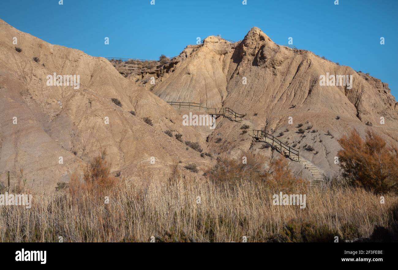 Tabernas Desert Hills Landscape in Almeria Spain Nature Adventure Travel Europa Stock Photo