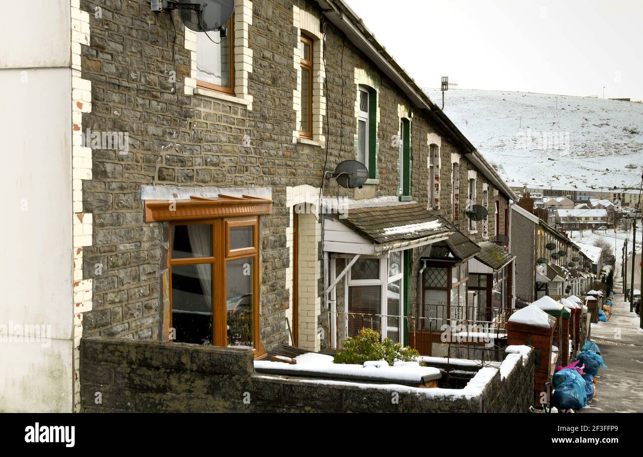 Gilfach Goch, Wales - December 2017: Street view with terraced houses in a village in one of the South Wales valleys Stock Photo