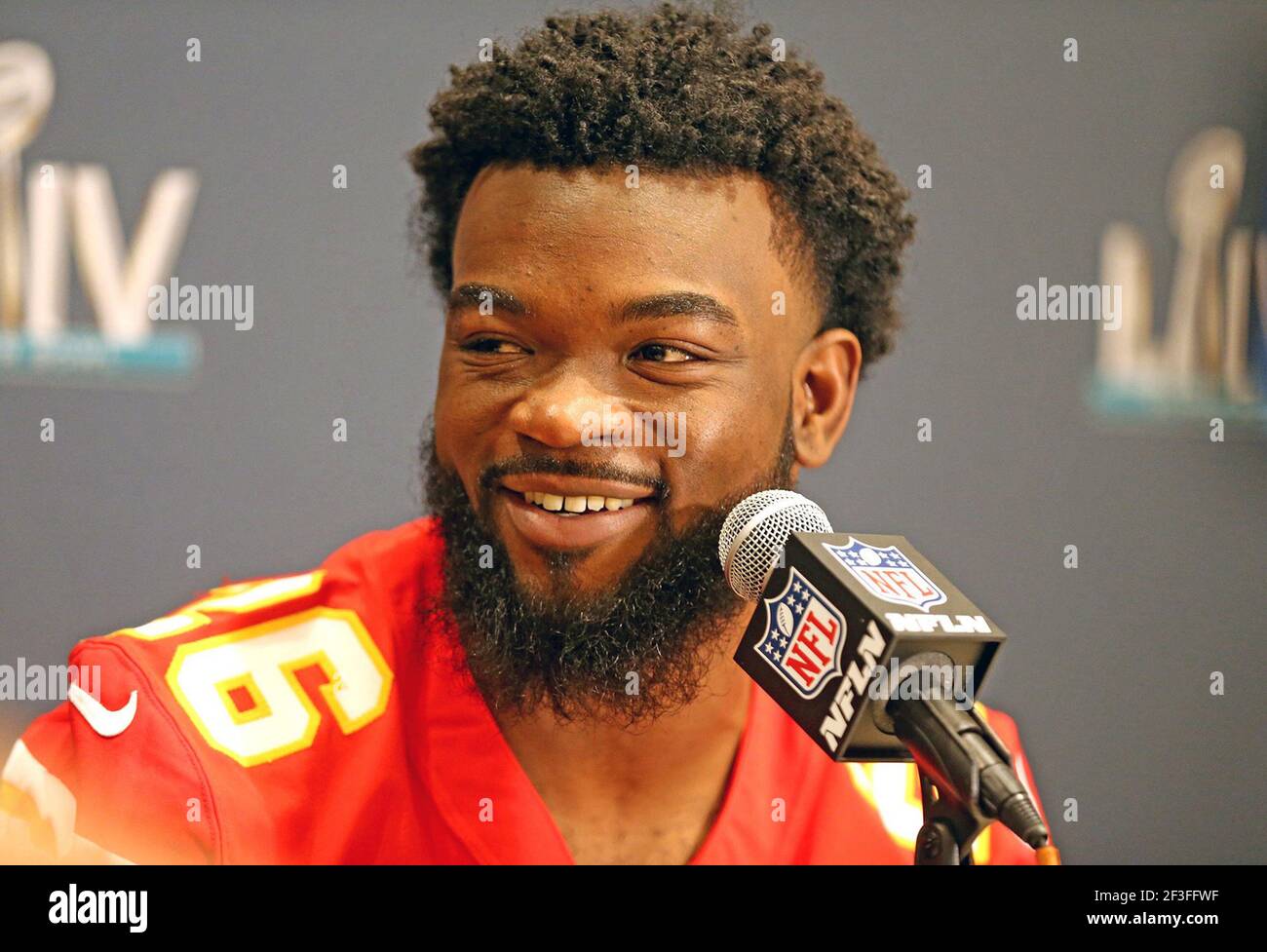 Aventura, USA. 28th Jan, 2020. Kansas City Chiefs running back Damien Williams during a news conference as the Chiefs prepare to play the San Francisco 49ers in Super Bowl LIV, on January 28, 2020, in Aventura, Florida. Williams has decided to opt-out of the 2020 NFL season. (Photo by Charles Trainor Jr./Miami Herald/TNS/Sipa USA) Credit: Sipa USA/Alamy Live News Stock Photo