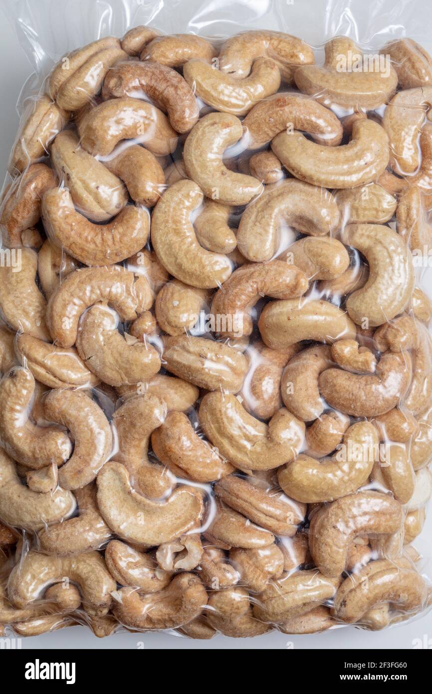 Cashew nuts vacuum sealed in clear plastic. Product of Brazil Stock Photo