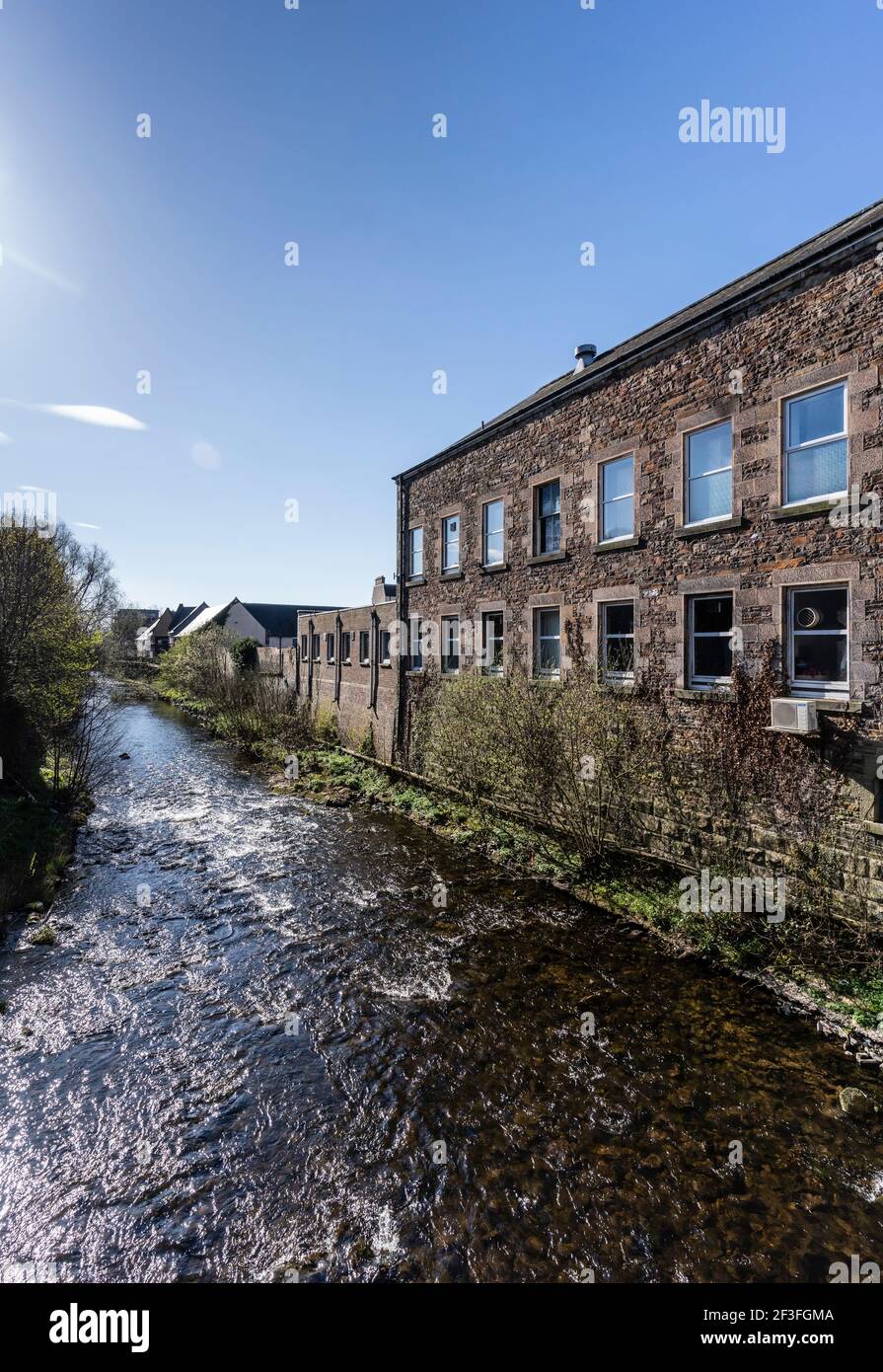 Gala Water river running through the centre of Galashiels town in the Scottish Bordrs Stock Photo