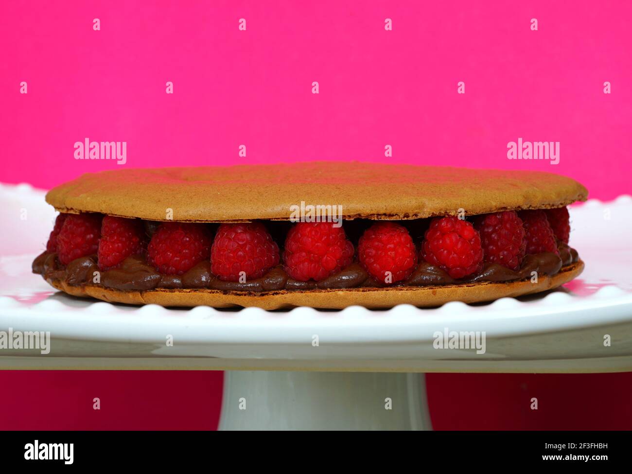 A giant chocolate macaron cake with fresh raspberries Stock Photo