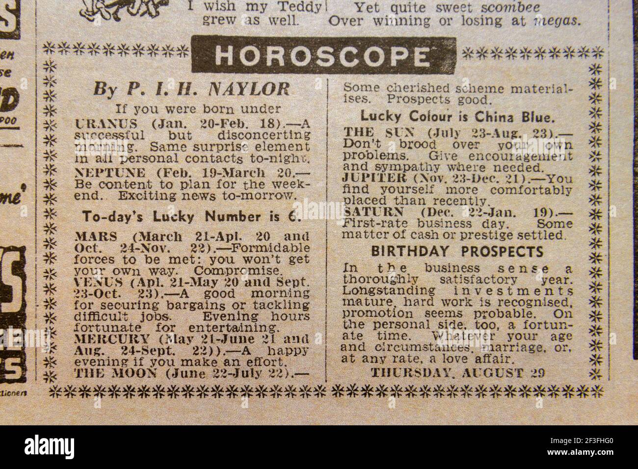 Horoscope section in the Daily Sketch newspaper (replica), 29th August 1940 (during the Blitz). Stock Photo
