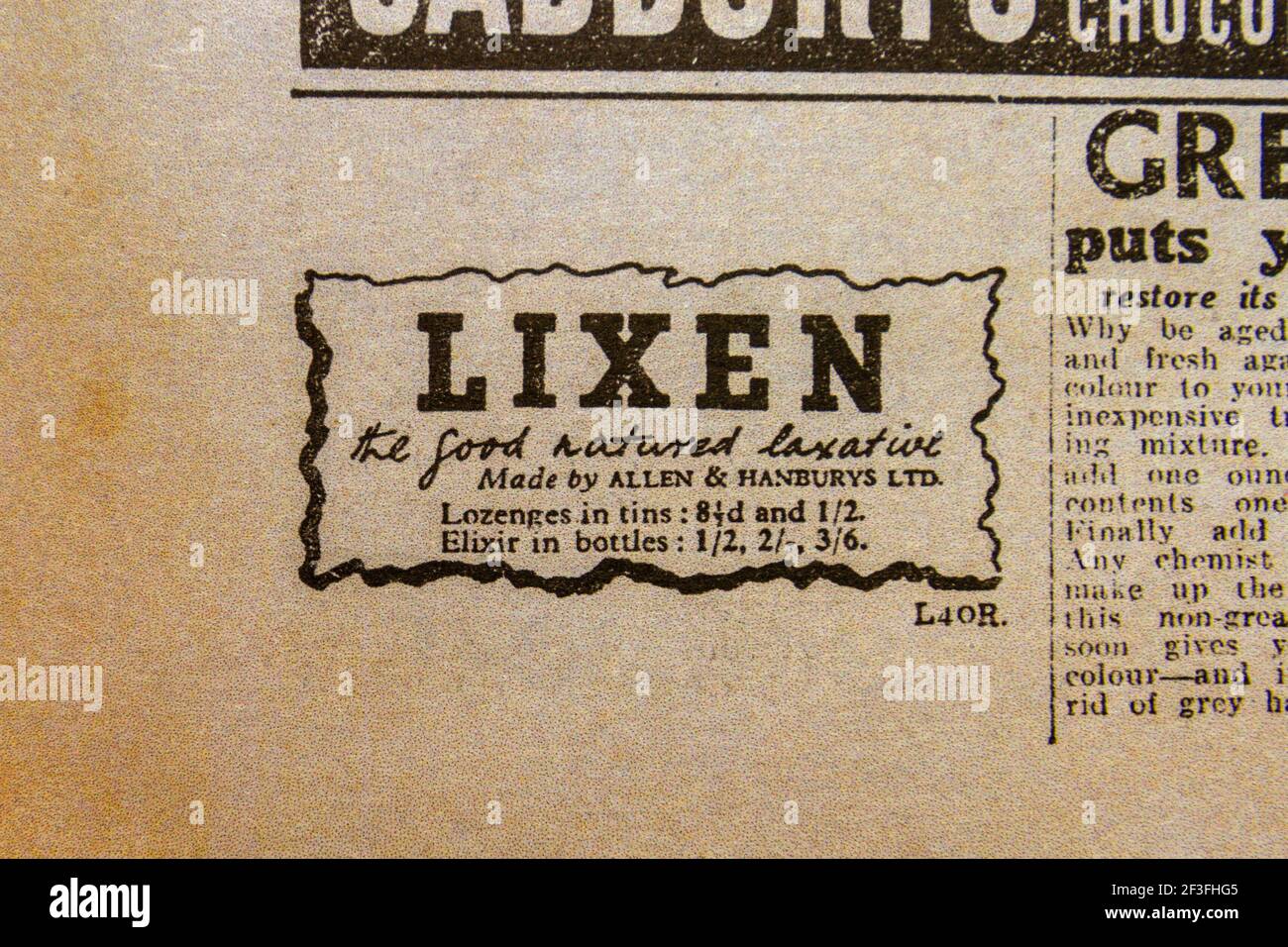 Advert for Lixen 'food natured laxative' in the Daily Sketch newspaper (replica), 29th August 1940 (during the Blitz). Stock Photo