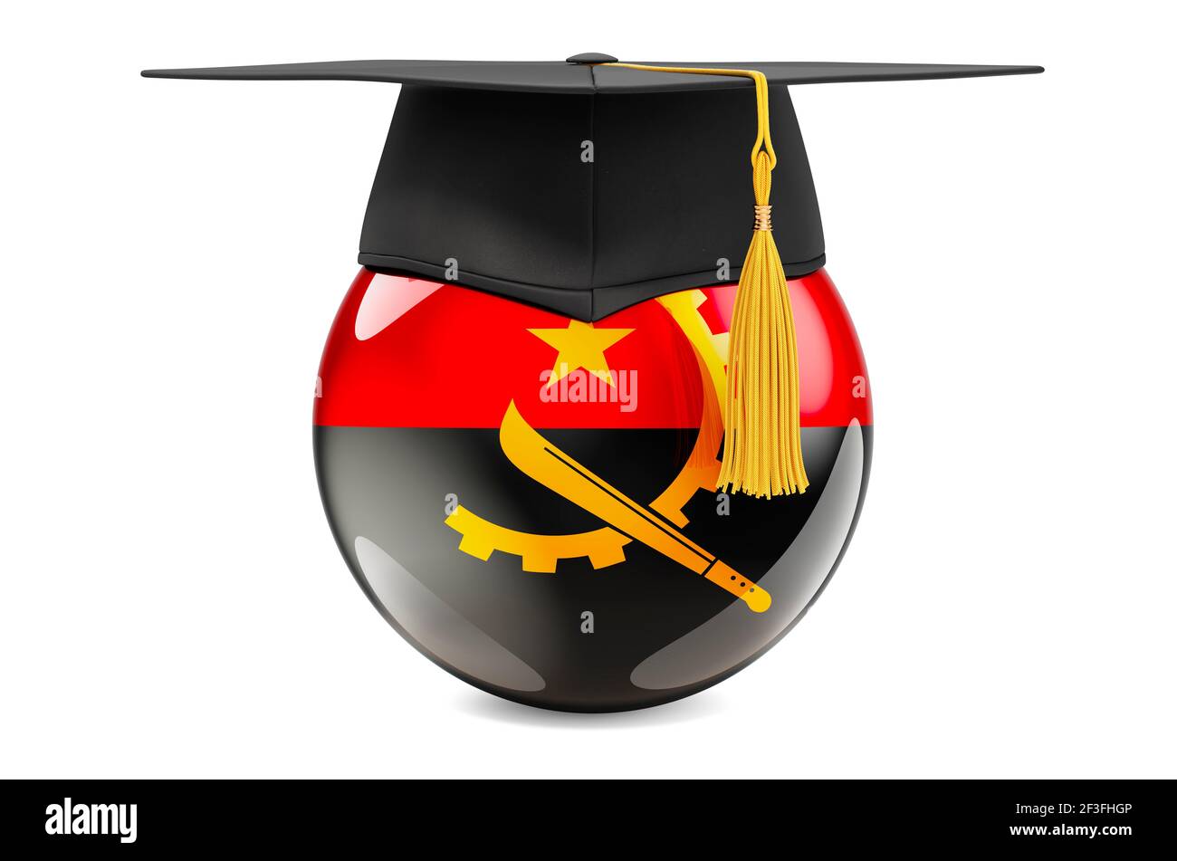 Education in Angola concept. Angolan flag with graduation cap, 3D rendering isolated on white background Stock Photo
