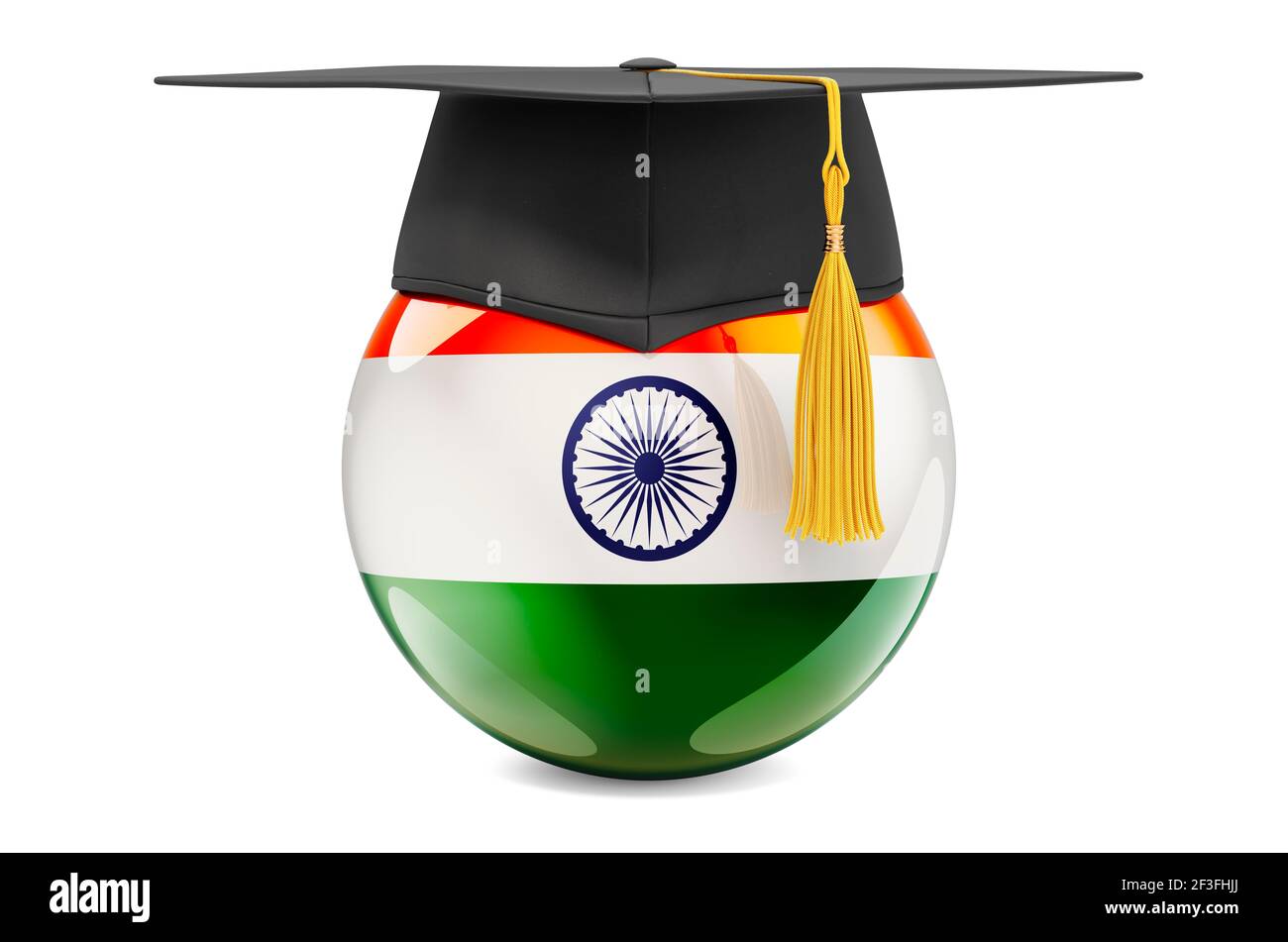 Education in India concept. Indian flag with graduation cap, 3D rendering isolated on white background Stock Photo