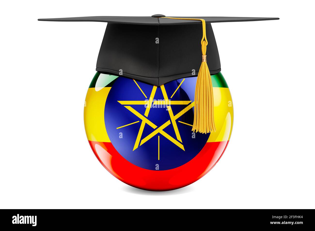 Education in Ethiopia concept. Ethiopian flag with graduation cap, 3D