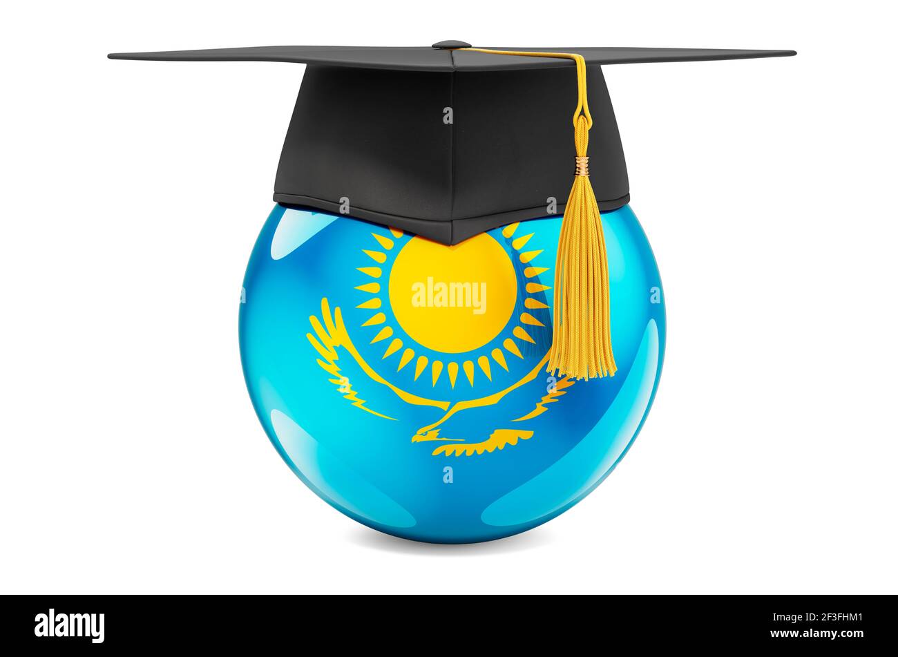 Education in Kazakhstan concept. Kazakh flag with graduation cap, 3D rendering isolated on white background Stock Photo