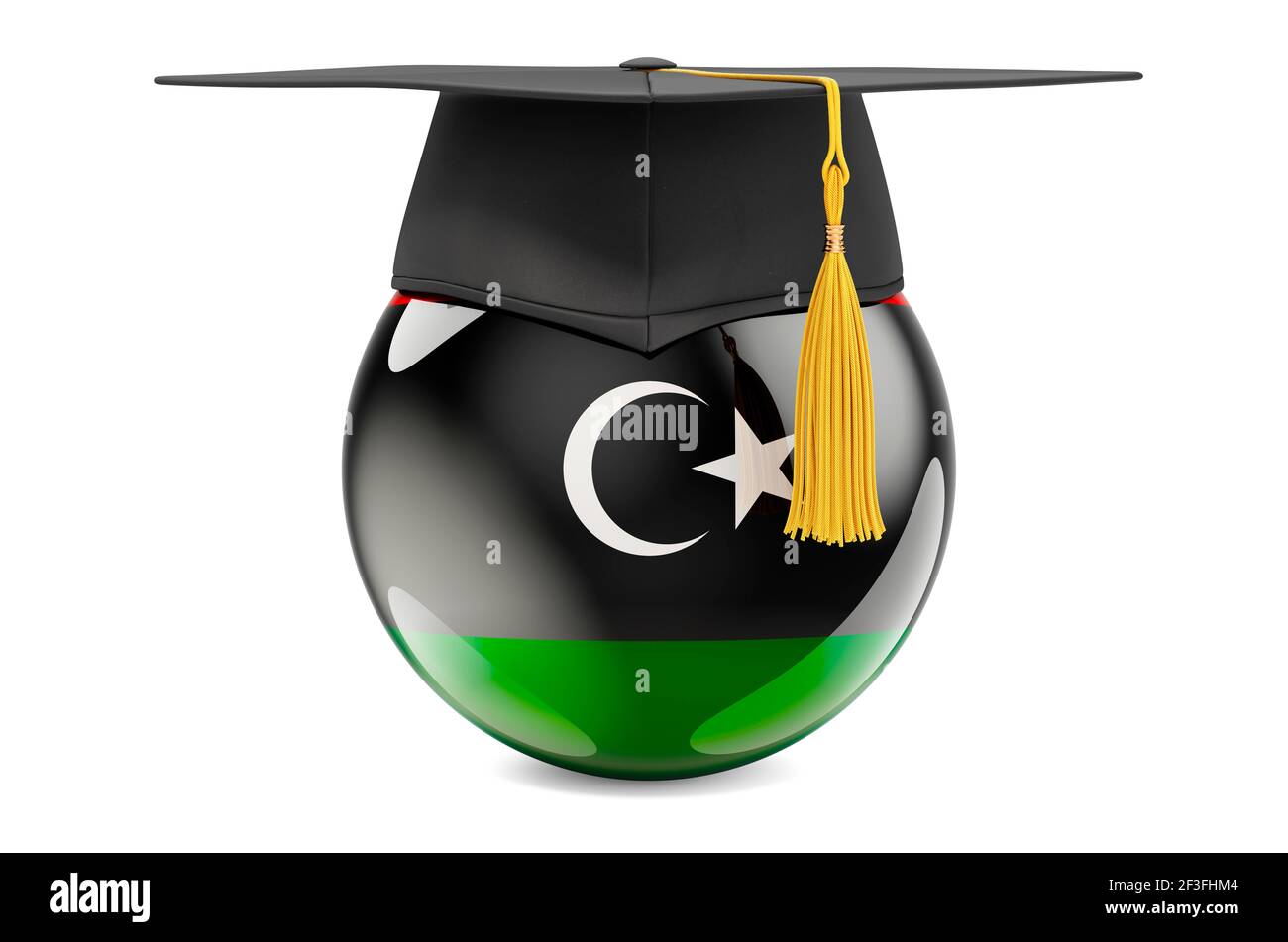 Education in Libya concept. Libyan flag with graduation cap, 3D rendering isolated on white background Stock Photo
