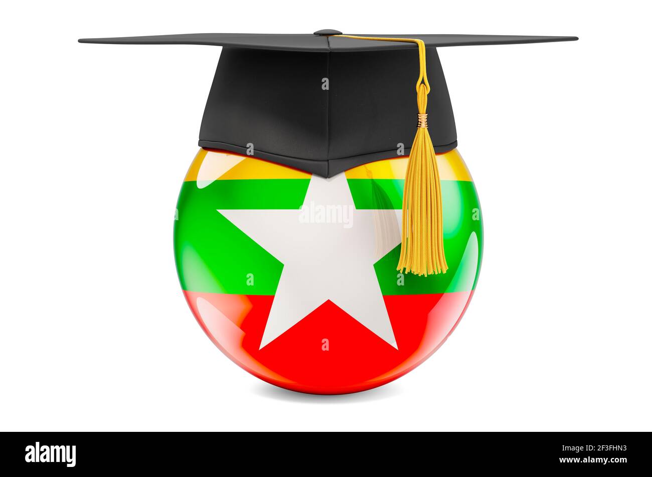 Education in Myanmar concept. Myanmar flag with graduation cap, 3D