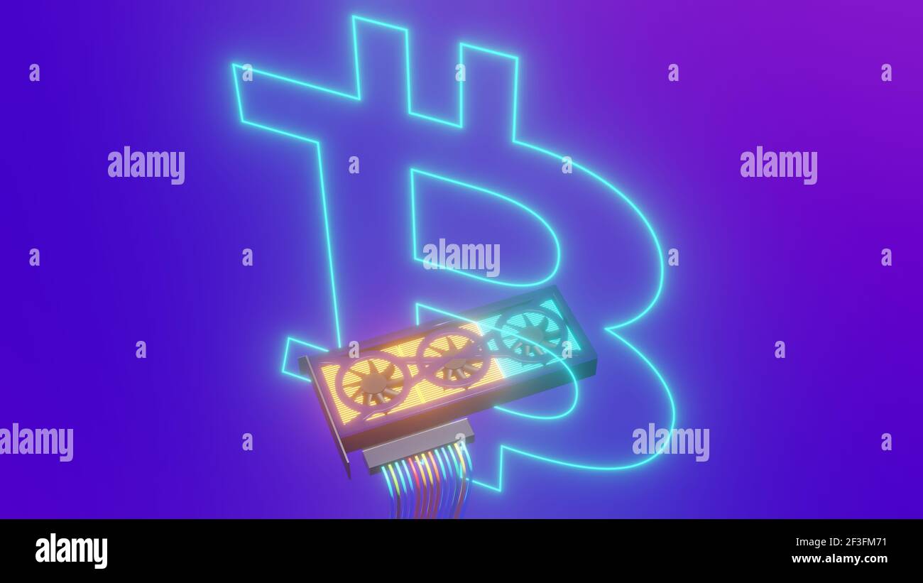 The concept of cryptocurrency mining, 3D rendering. Neon glowing ...