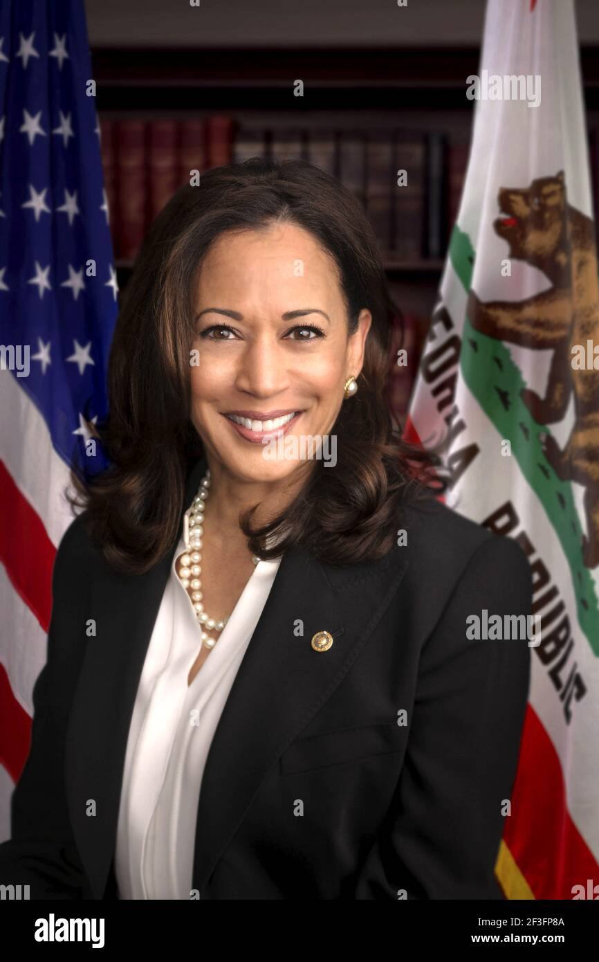 2017, 12 may , Washington , USA : The official Senate portrait of american politician and attorney KAMALA D. HARRIS ( born 20 october 1964 ) elected in 2017 California Senator . From 20 january 2021 became the Vice President of the United States of Democrate  President of United States Joe BIDEN . She is the United States' first female vice president, the highest-ranking female official in U.S. history, and the first African American and first Asian American vice president . Photo by Renee Bouchard , Official Senate Photographer . U.S. Senate Photographic Studio .- Vice Presidente  alla presid Stock Photo