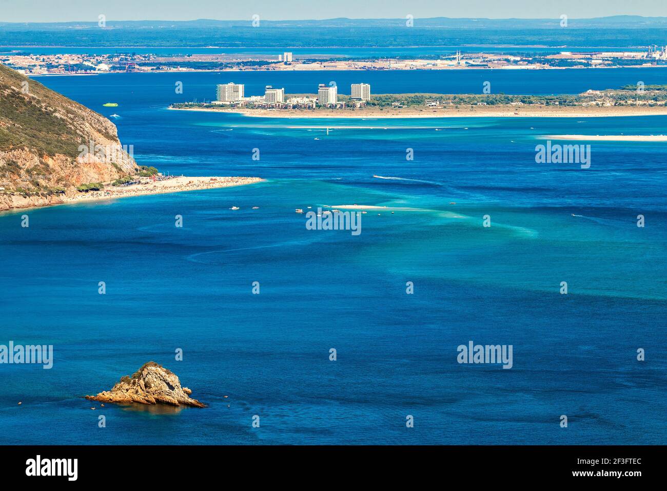 Mouth of the Sado river in Portugal, with Figueirinha beach and the Troia peninsula seen from the viewpoint in Serra da Arrábida. Stock Photo