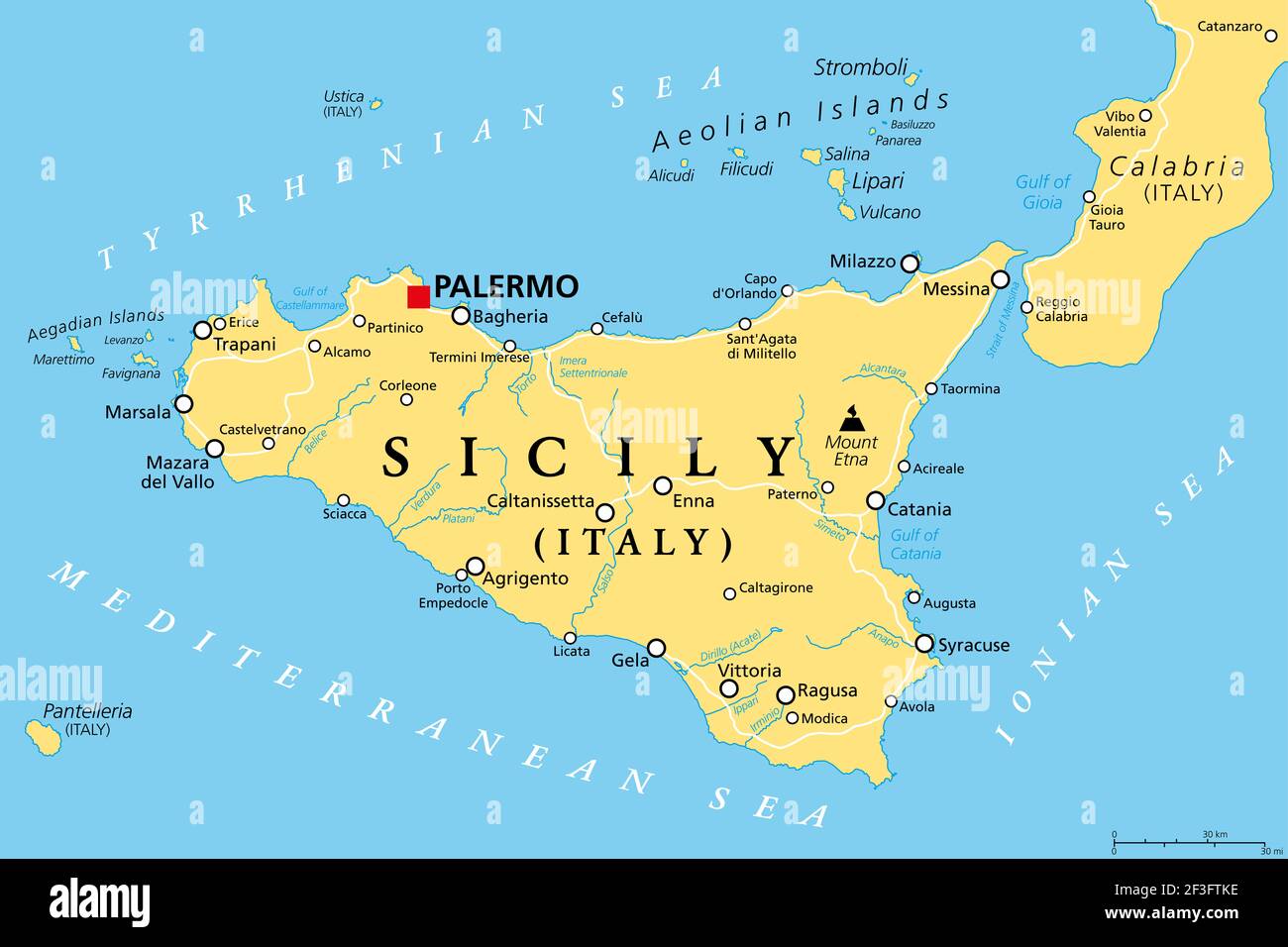 Sicily, autonomous region of Italy, political map, with capital Palermo, Aeolian and Aegadian Islands, volcano Etna, and important cities. Stock Photo