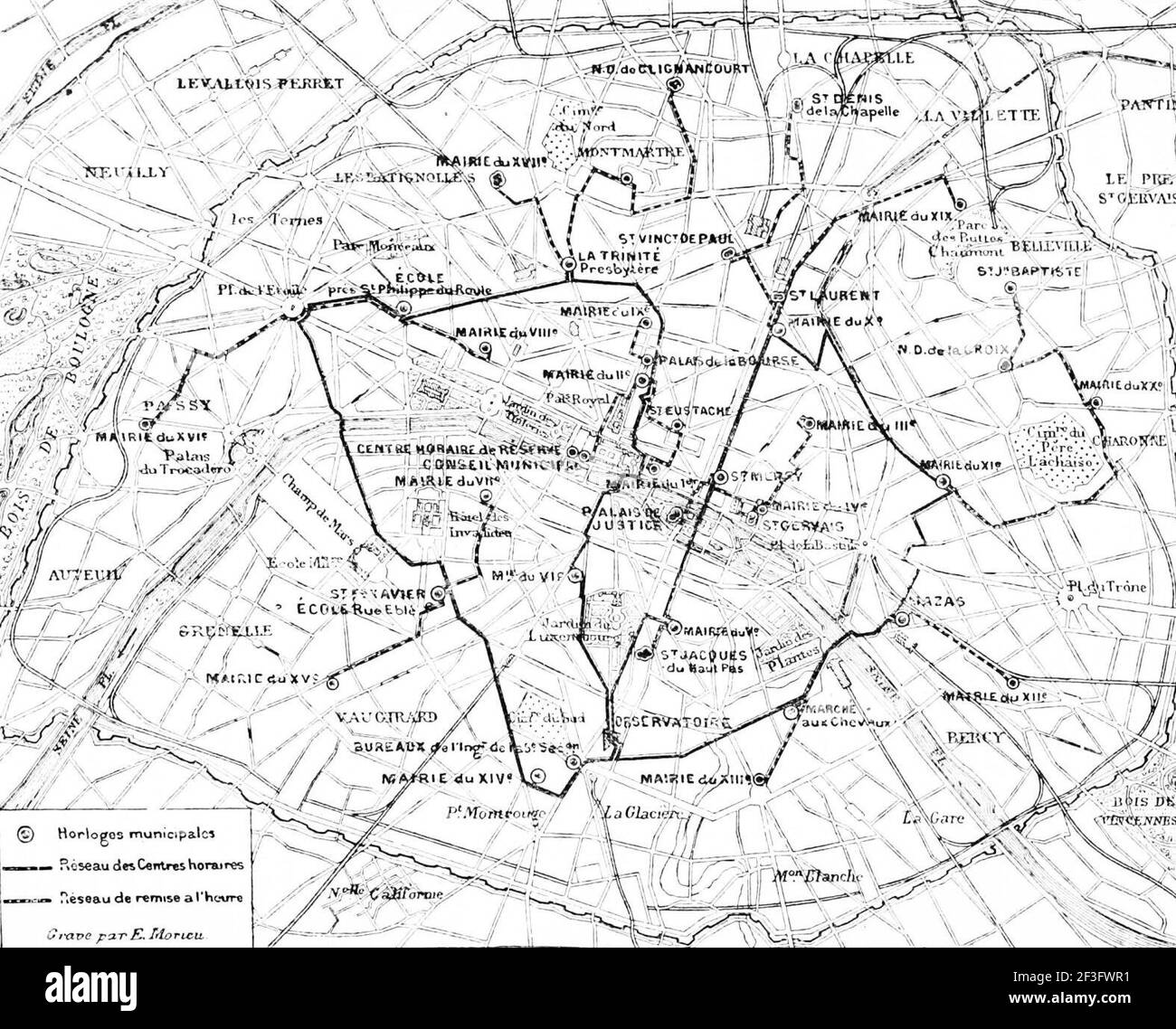 Map of paris with observatory circuit outlined in black. Stock Photo