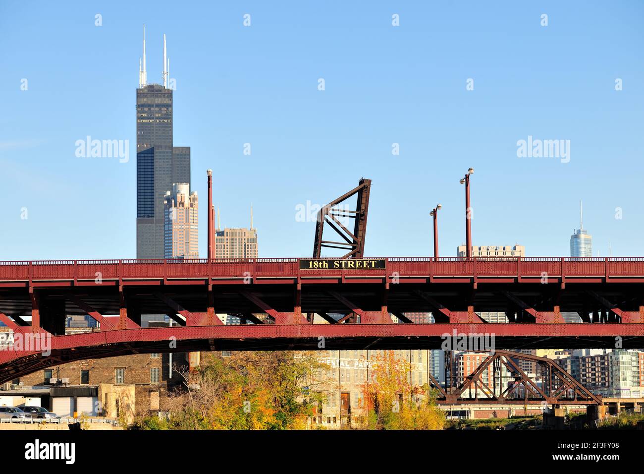 Chicago, Illinois, USA. A portion of the downtown Chicago skyline visible beyond the the 18th Street Bridge. Stock Photo