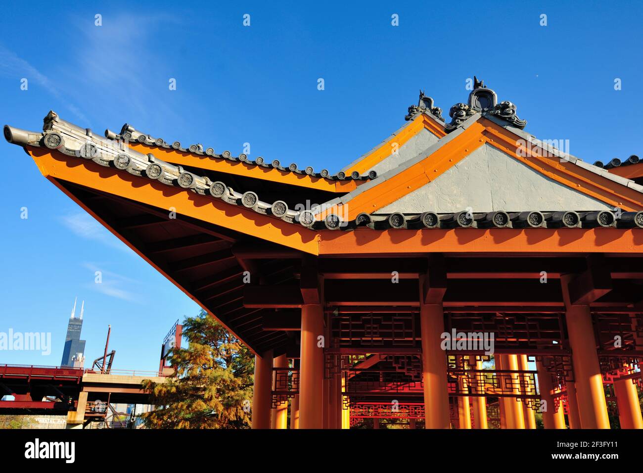 Chicago, Illinois, USA. Chinese pagoda in Ping Tom Memorial