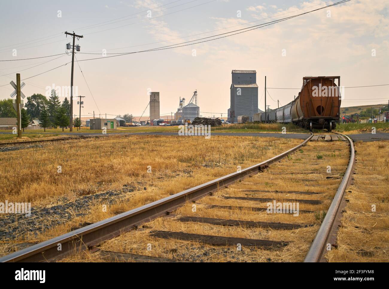 Oakesdale Rail Line and Grain Elevator. Railcars and a grain elevator in Oakesdale, Washington State, USA. Stock Photo