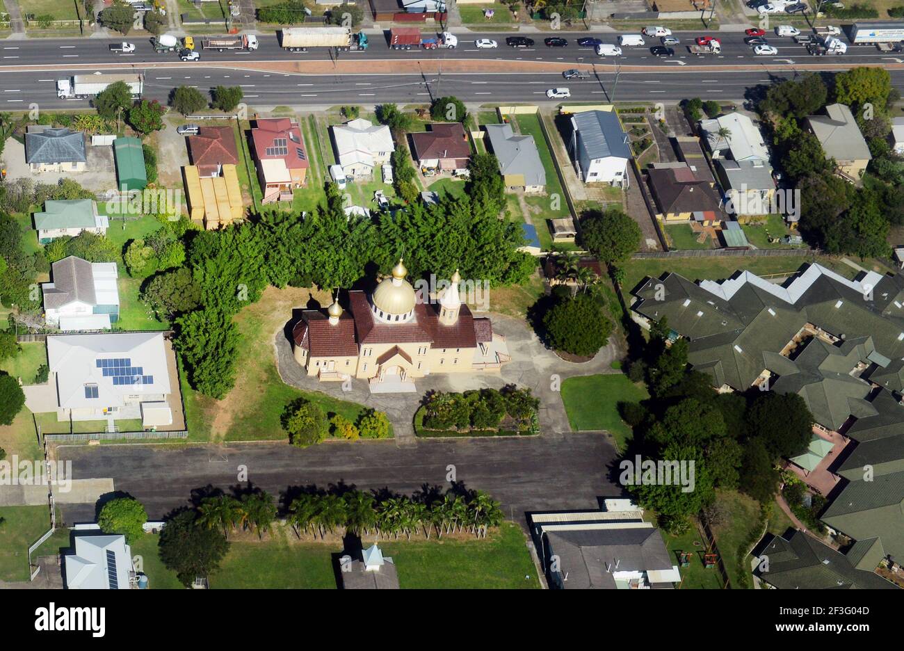 Aerial view of the Parish of the Vladimir Icon of the Mother of God church in Rocklea, Queensland, Australia. Stock Photo
