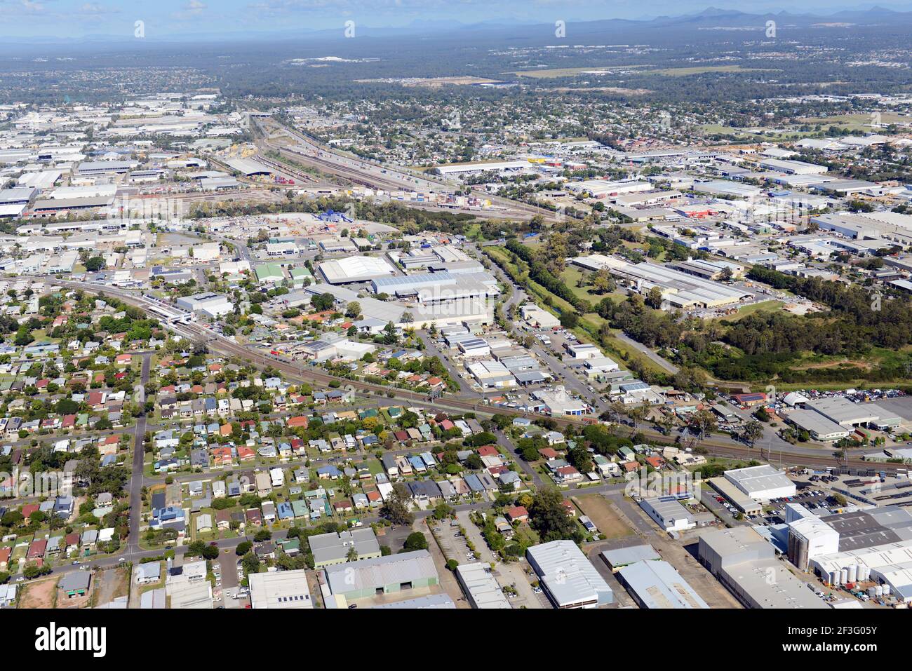Aerial view of the industrial and distribution centres in Rocklea, Queensland, Australia. Stock Photo