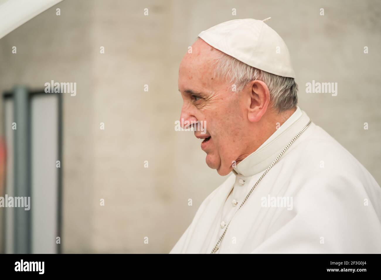 Vatican City, Vatican. February 3, 2016. Portrait of Pope Francis, Jorge Bergoglio, during the tour of St. Peter's Square. Stock Photo