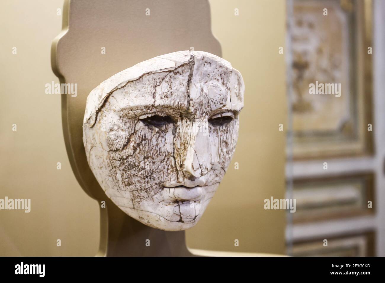 Vatican City, Vatican. February 3, 2016. Etruscan sculpture of a human mask in stone. Concept art. Stock Photo