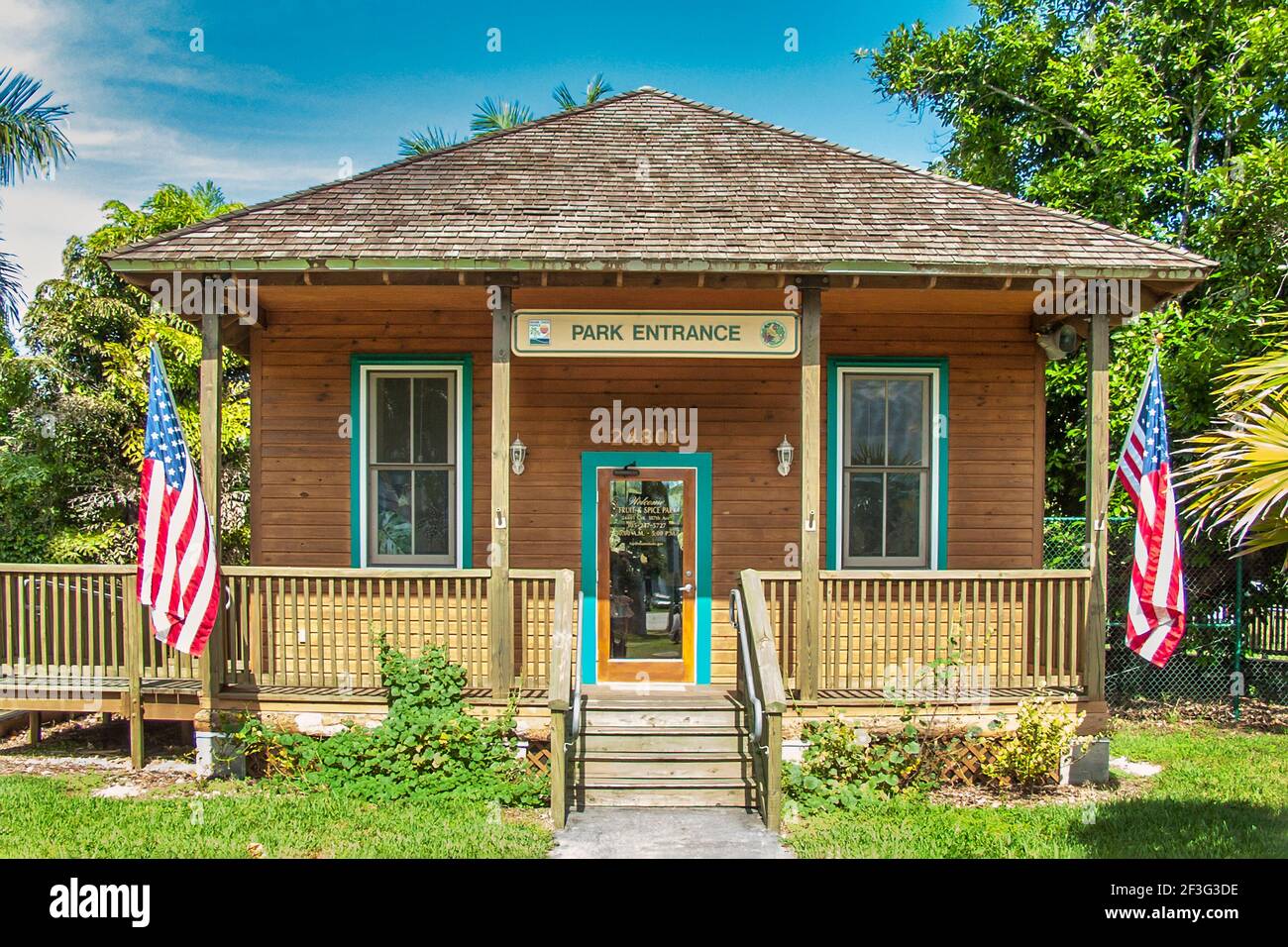 The entrance building to the Miami-Dade County Redland Fruit and Spice Park in Florida. Stock Photo