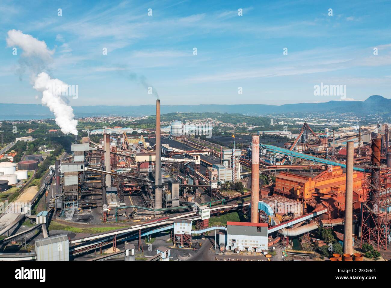 Aerial view of factories and steelworks at Port Kembla, NSW, Australia. Stock Photo