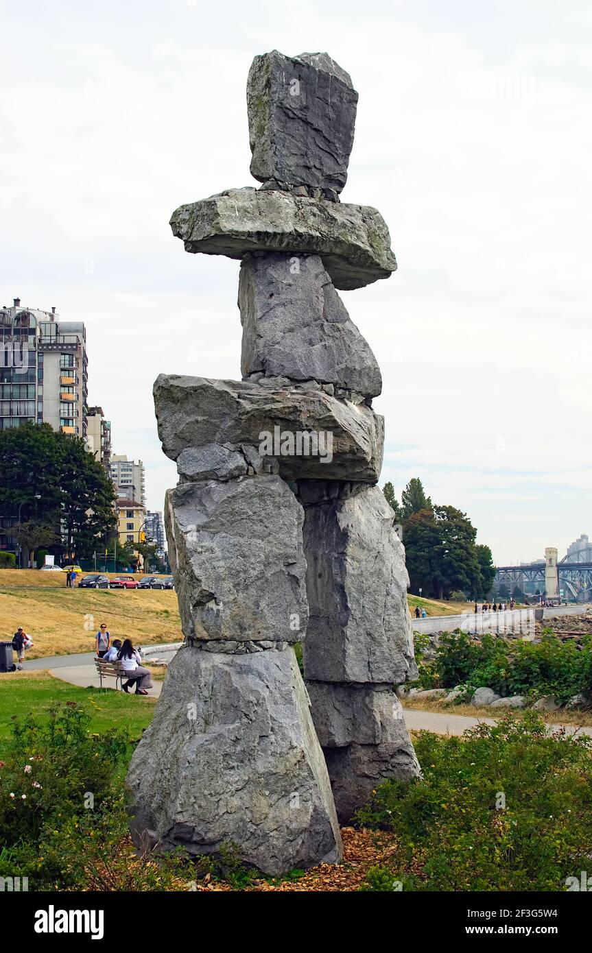 A large Inuksuk, or Inukshuk, found at Sunset Beach, Vancouver, B. C., Canada.  Stock photo. Stock Photo