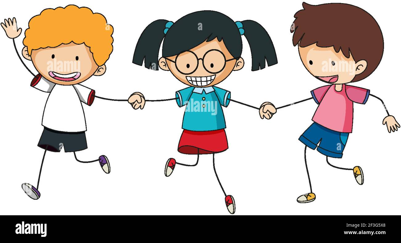Happy kids holding hands doodle cartoon character illustration Stock ...