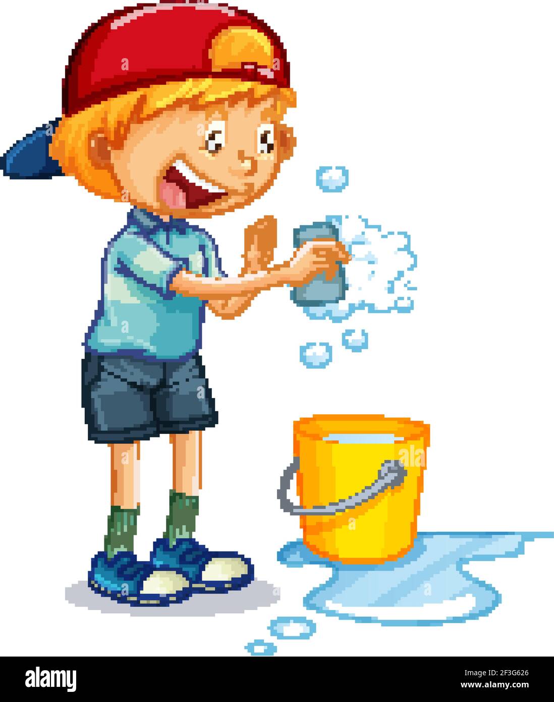 A boy holding sponge washing and water bucket cartoon character on white  background illustration Stock Vector Image & Art - Alamy