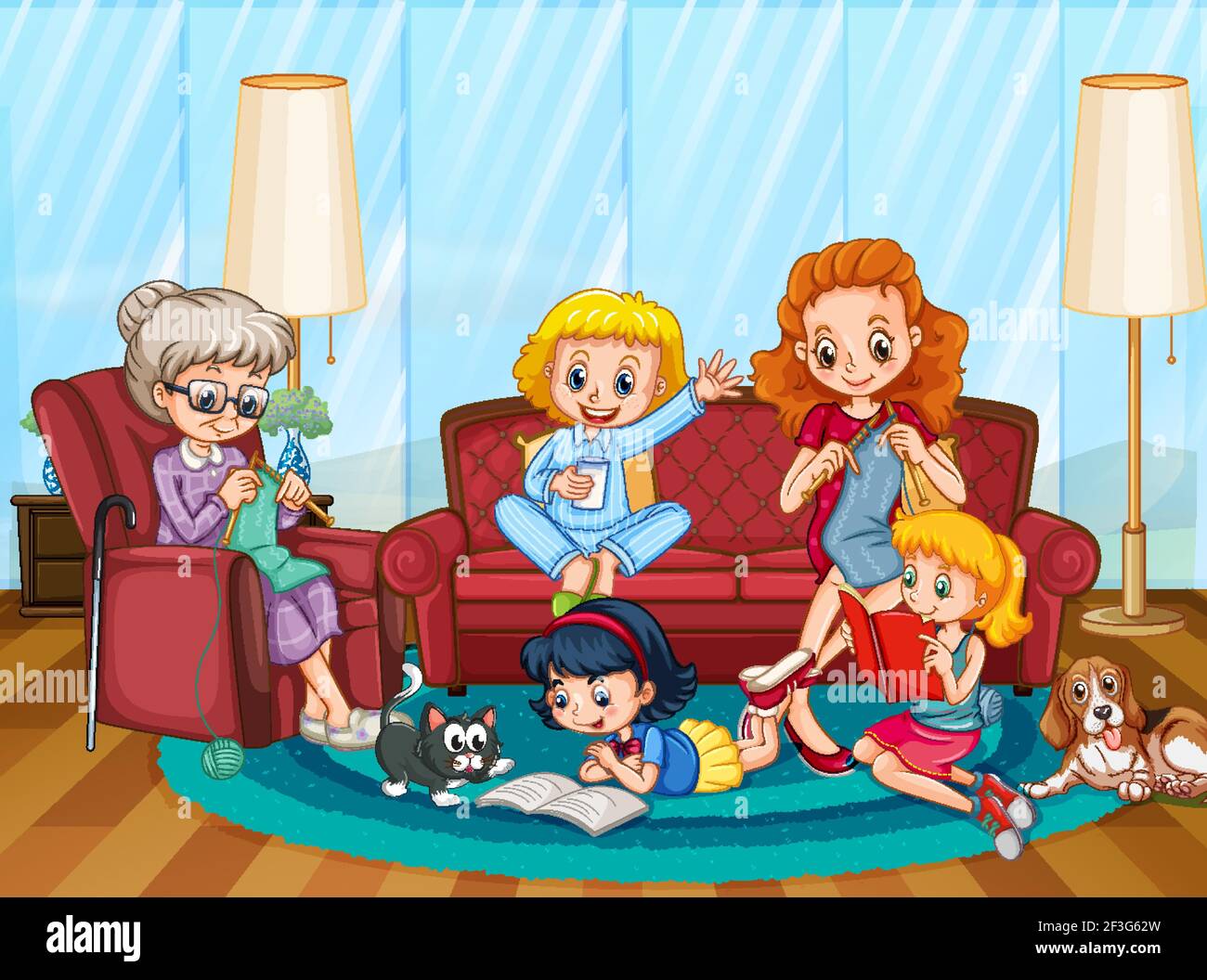 Happy family in the living room scene illustration Stock Vector Image & Art  - Alamy