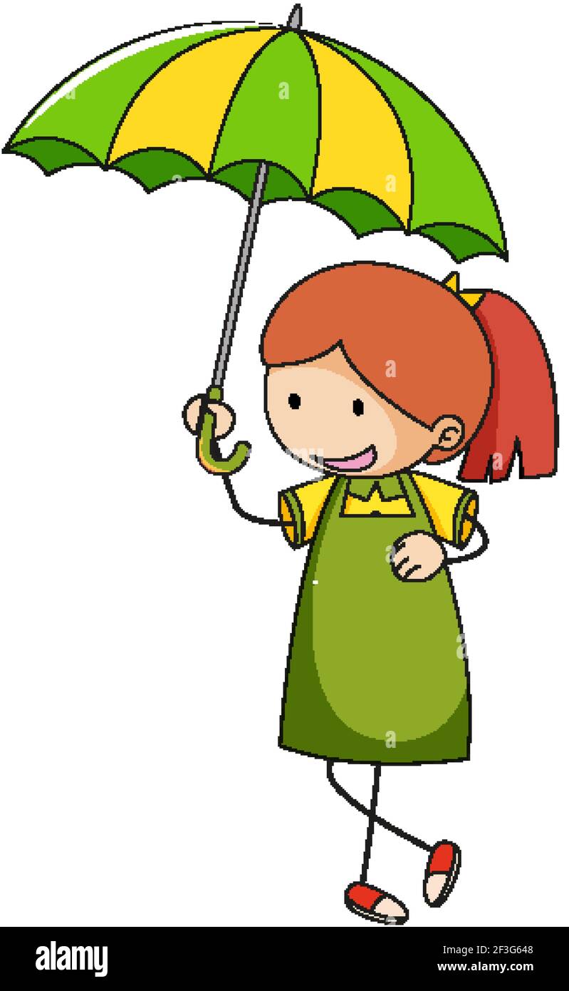 Cute girl holding umbrella doodle cartoon character isolated