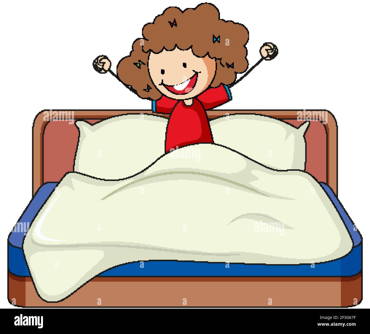Little girl just wake up on bed doodle cartoon character illustration