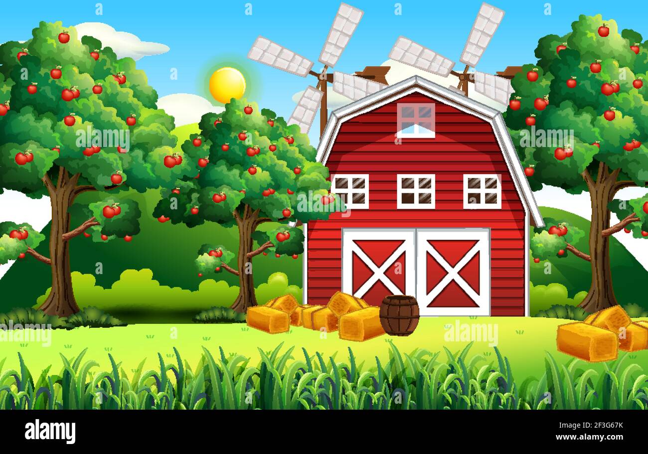 Farm scene with red barn and windmill illustration Stock Vector Image ...