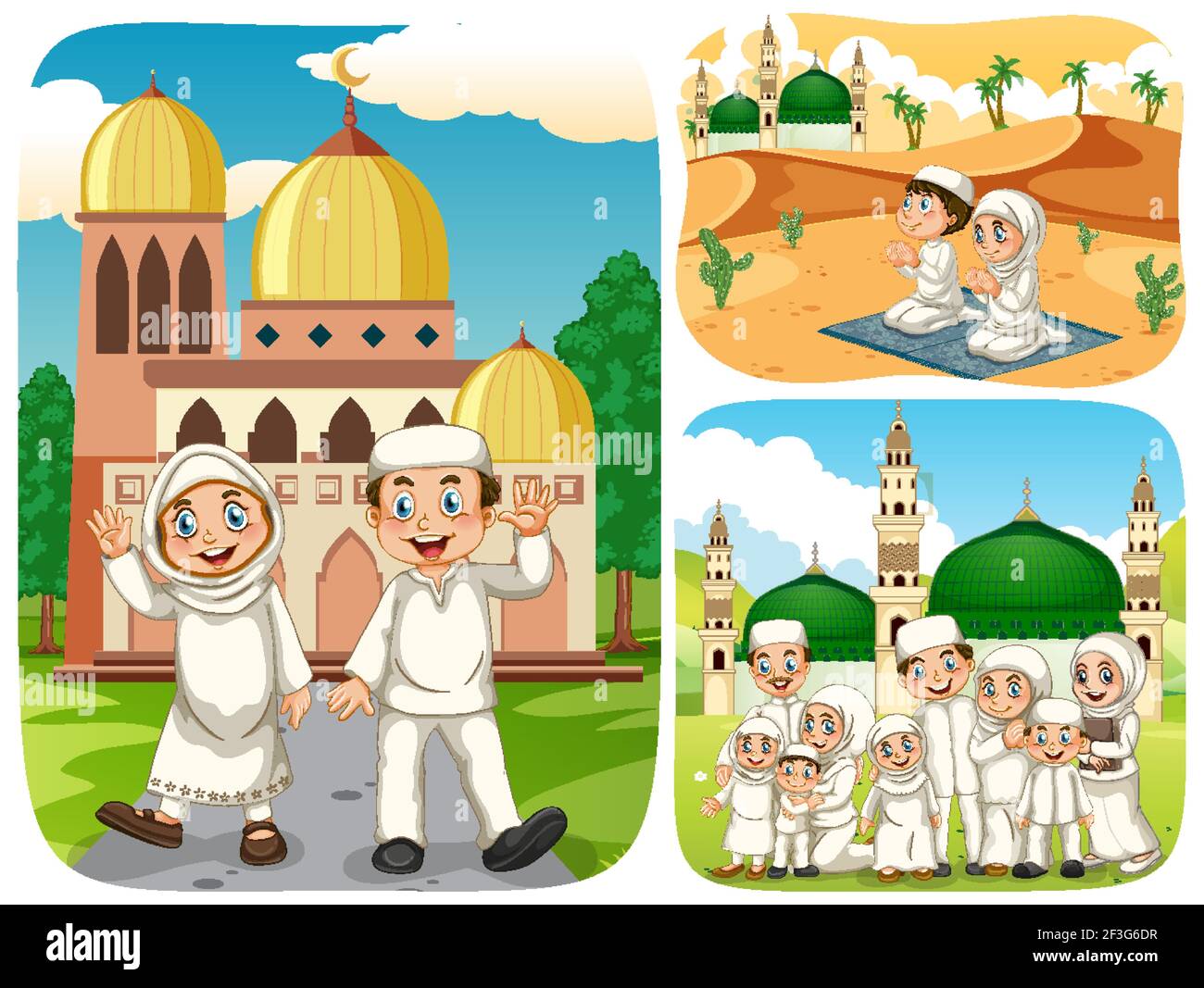 Set of muslim people cartoon character in different scene illustration Stock Vector