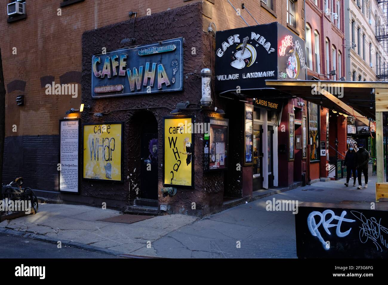 Cafe Wha? at the corner of Minetta Lane and MacDougal Street in Greenwich Village.New York City.USA Stock Photo