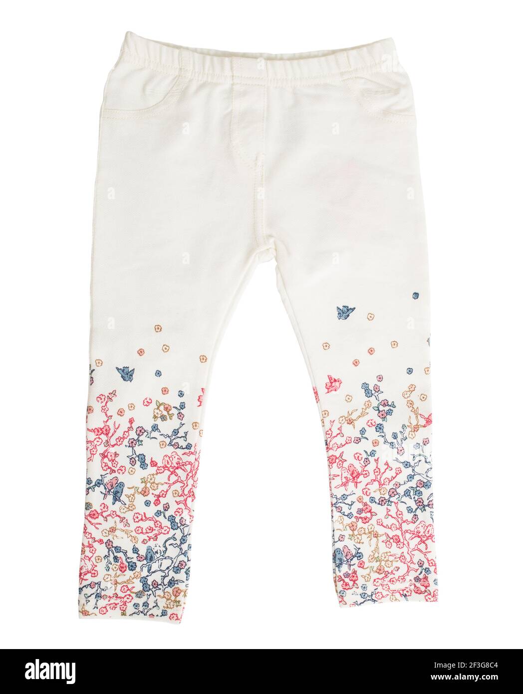 White denim jeans with floral pattern. Isolated on a white background. Stock Photo