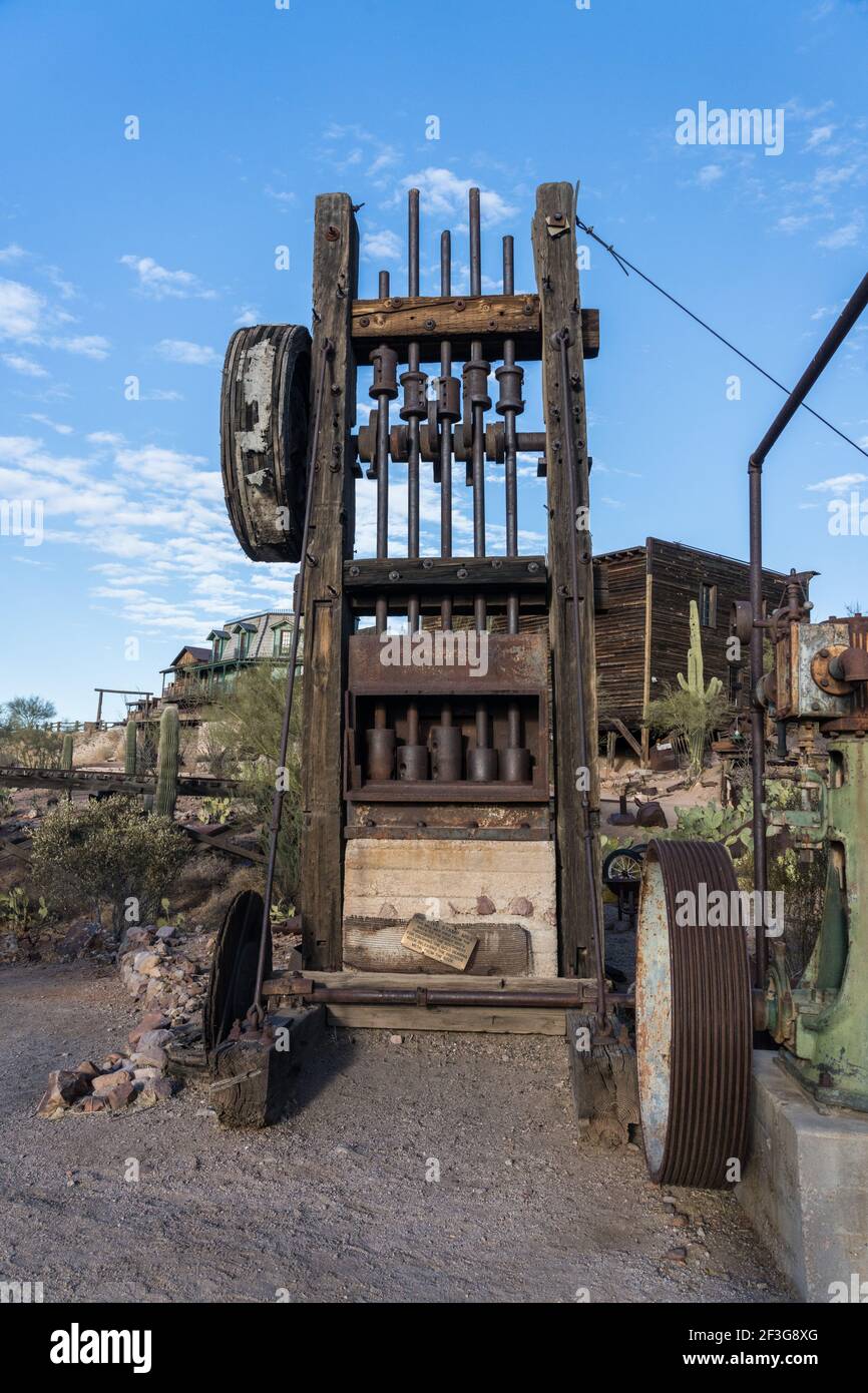 An authentic five-stamp mill for crushing ore from the 1800's in the old mining ghost town of Goldfield, Arizona. Stock Photo