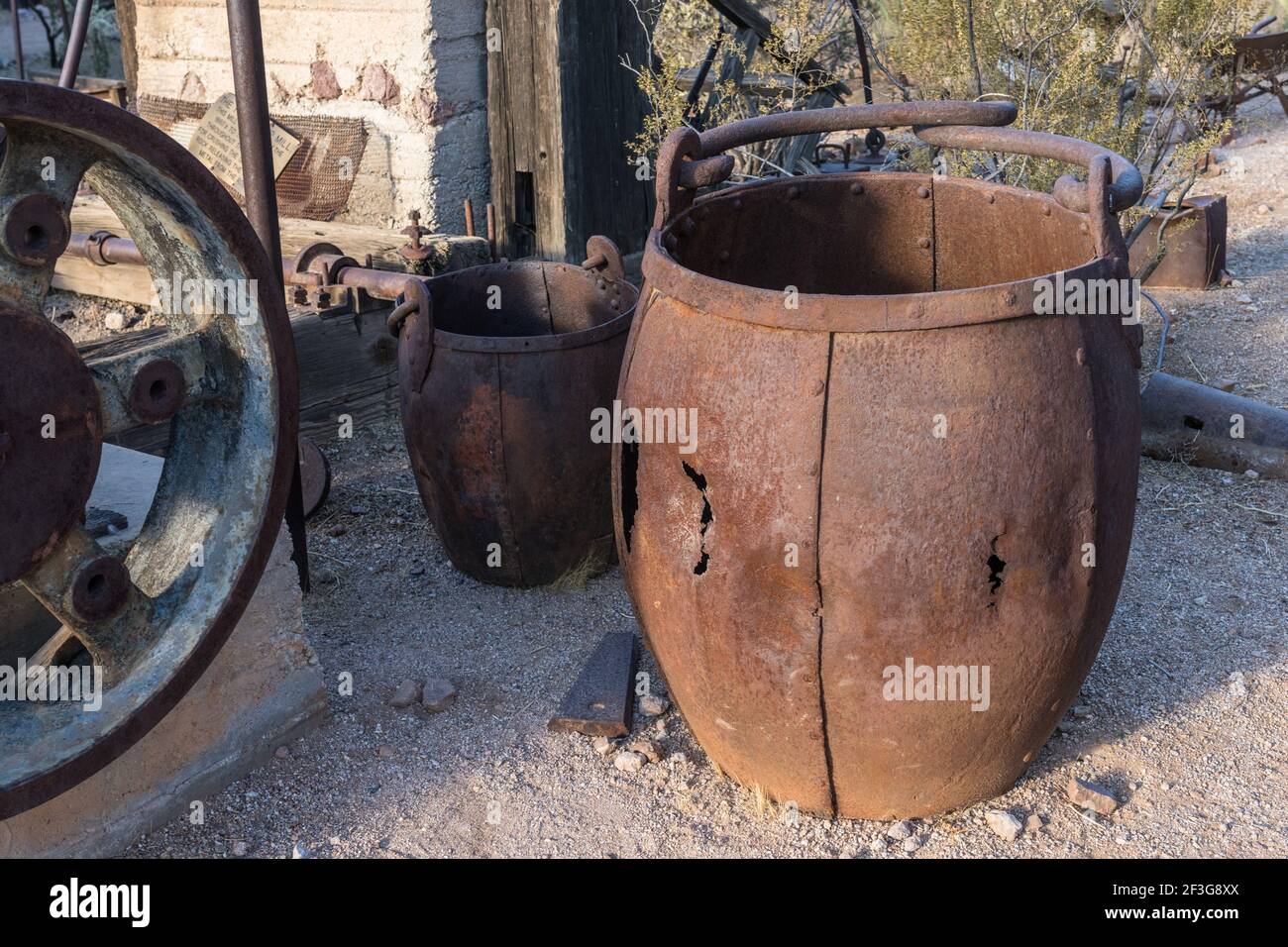 An authentic metal ore bucket from the 1800's in the old mining ghost town of Goldfield, Arizona