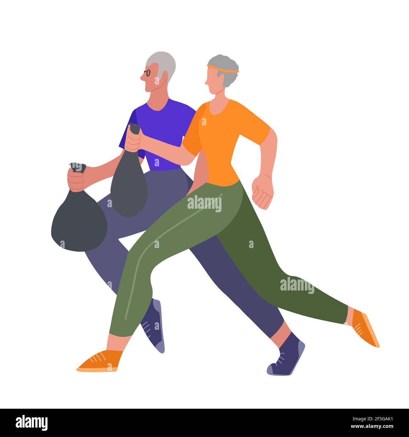 Plogging. Environmental movement. Healthy lifestyle. Old family couple jogging with a garbage bags. Healthy old age. Physical activity and care for th Stock Vector