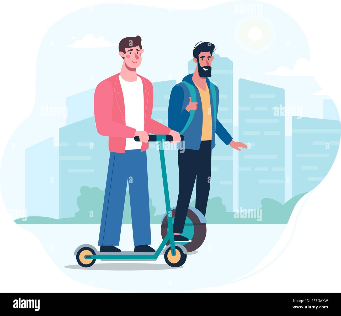 A couple of gay men in love ride a modern electric gyroboard and scooter. Alternative environmentally friendly transport, healthy lifestyle. Friends walk around the city. Vector, flat style Stock Vector