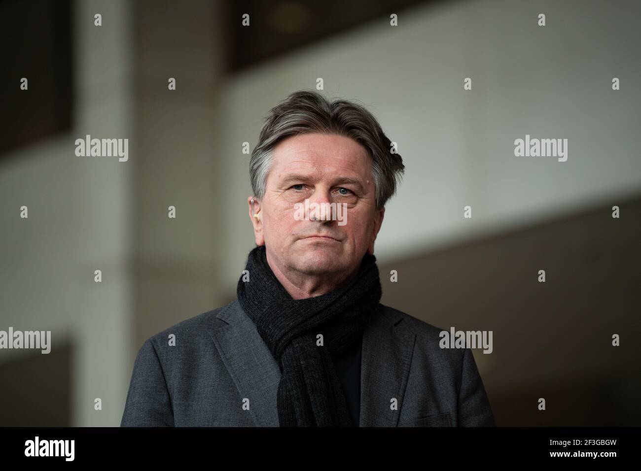 Stuttgart, Germany. 16th Mar, 2021. Manfred Lucha (Bündnis 90/Die Grünen), Minister of Health of Baden-Württemberg, gives an interview during the first parliamentary group meeting of Bündnis 90/Die Grünen in the state parliament of Baden-Württemberg. Credit: Marijan Murat/dpa/Alamy Live News Stock Photo