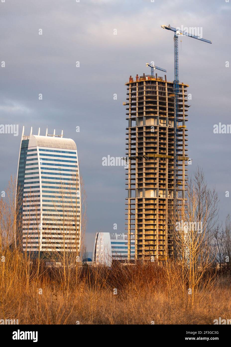 Urbanisation redevelopment and infrastructure in Sofia Bulgaria as the Sky Fort office building construction site by A&A Architects as of March 2021 Stock Photo