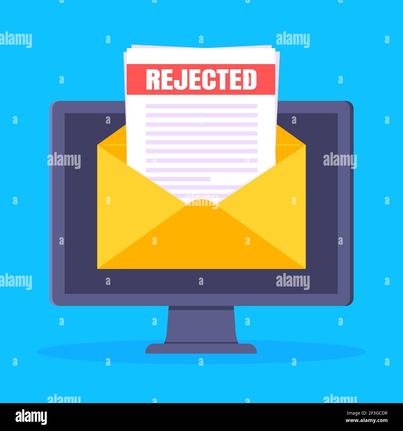 College or university reject letter with pc computer screen, open envelope document email. Job employment, college acceptance success or business emai Stock Vector