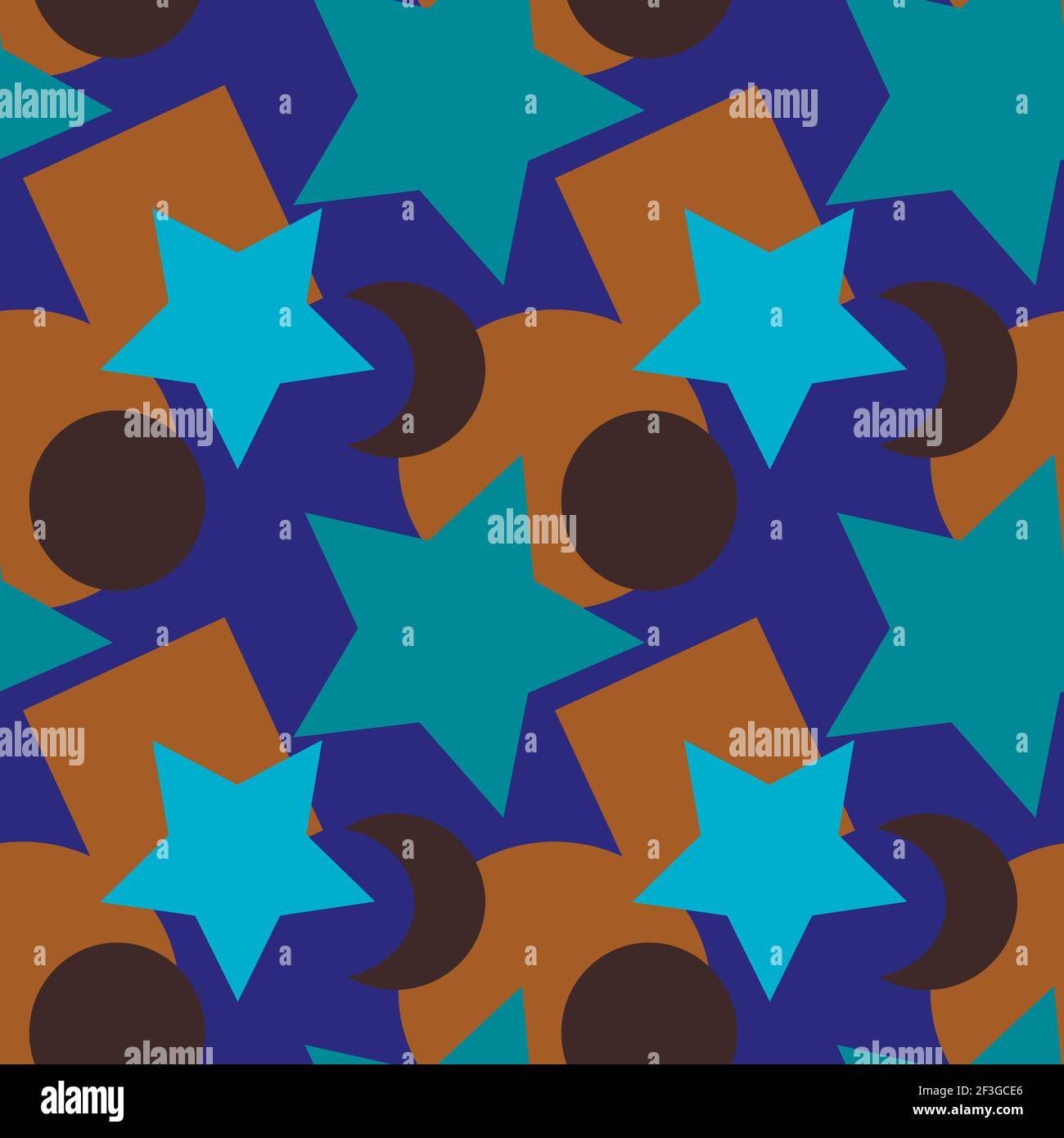 Seamless texture, pattern on a square background - colored geometric shapes - stars, circles, squares, crescents. Background for a site or blog, wallpaper, textiles. Packaging. Stock Vector