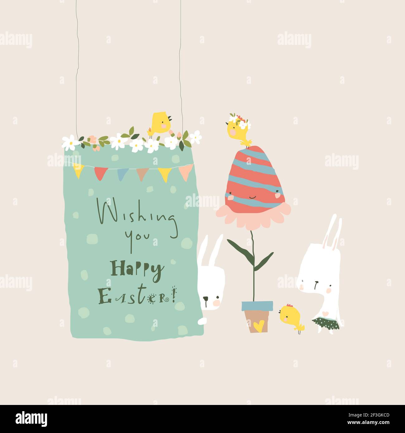 Cartoon Easter illustration with rabbits and easter egg Stock Vector