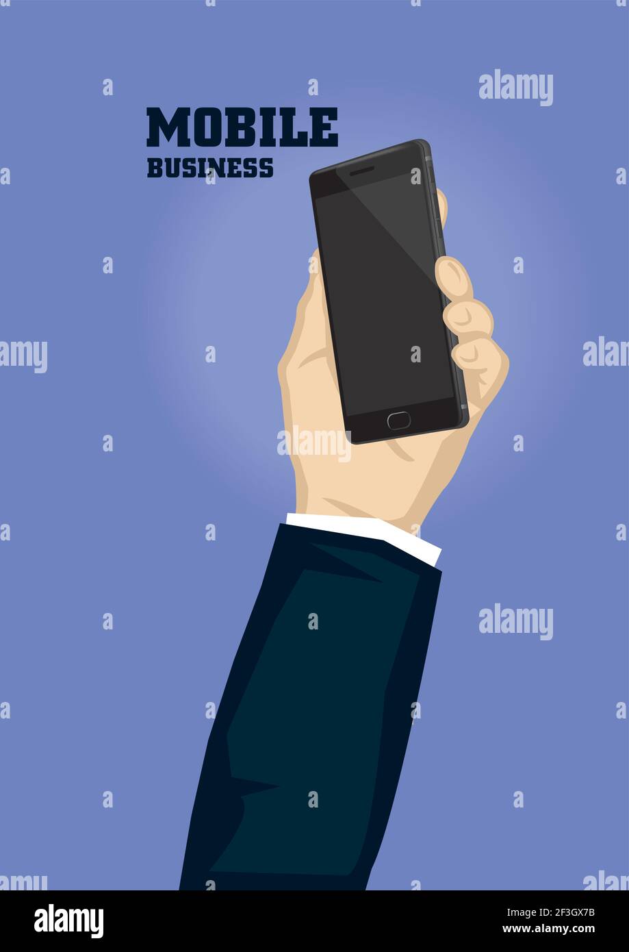 Vector illustration of hand in business suit holding black shiny mobile ...